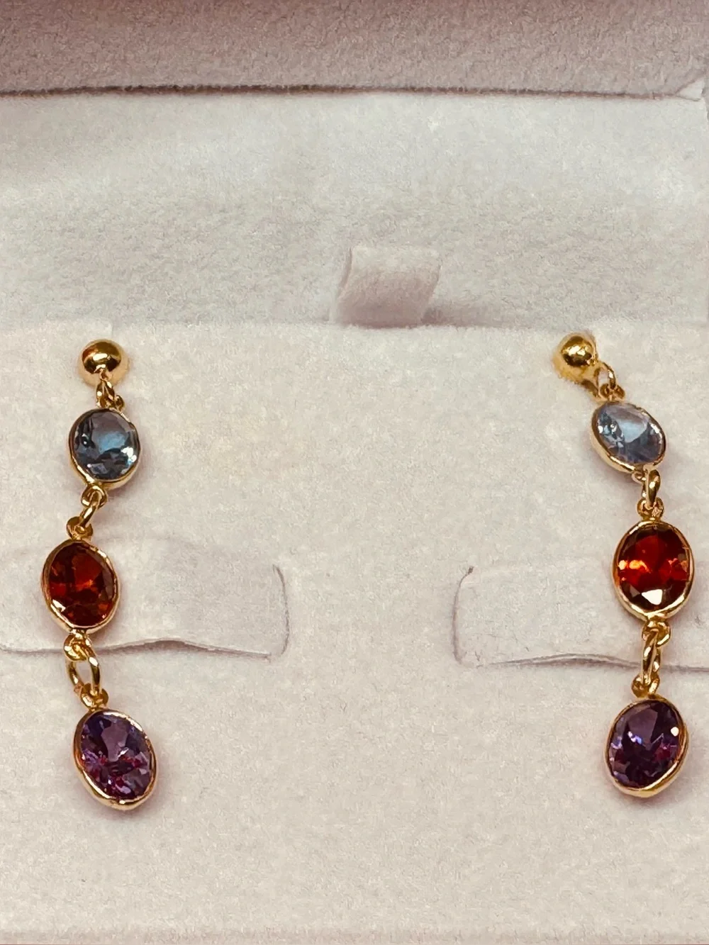 14k Gold Multistone Drop Earrings with Blue, Red and Purple Gemstones